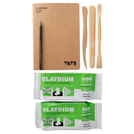 kit contents: two blocks of air dry clay, three wooden tools and an a5 sketchbook.